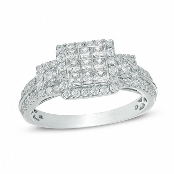 Previously Owned - 3/4 CT. T.w. Princess-Cut Composite Diamond Three Stone Engagement Ring in 10K White Gold