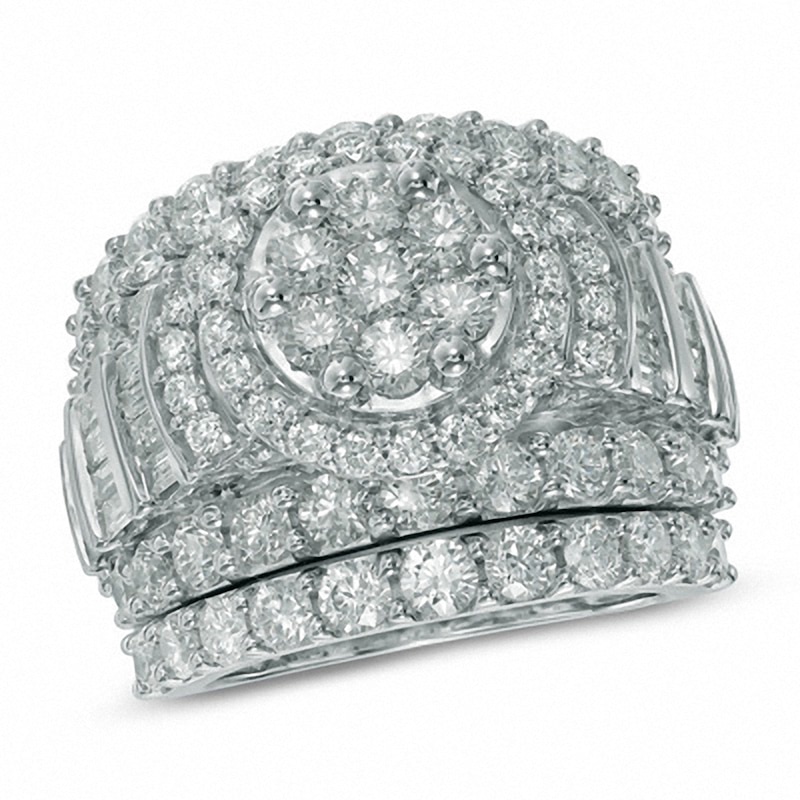 Main Image 1 of Previously Owned - 5 CT. T.W. Diamond Cluster Frame Three Piece Bridal Set in 14K White Gold