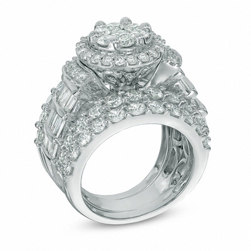 Main Image 2 of Previously Owned - 5 CT. T.W. Diamond Cluster Frame Three Piece Bridal Set in 14K White Gold