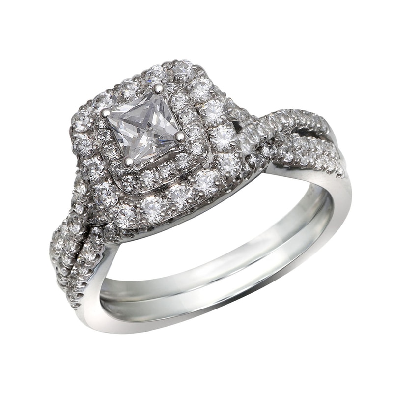 Main Image 1 of Previously Owned - 1-1/4 CT. T.W. Princess-Cut Diamond Double Frame Bridal Set in 14K White Gold