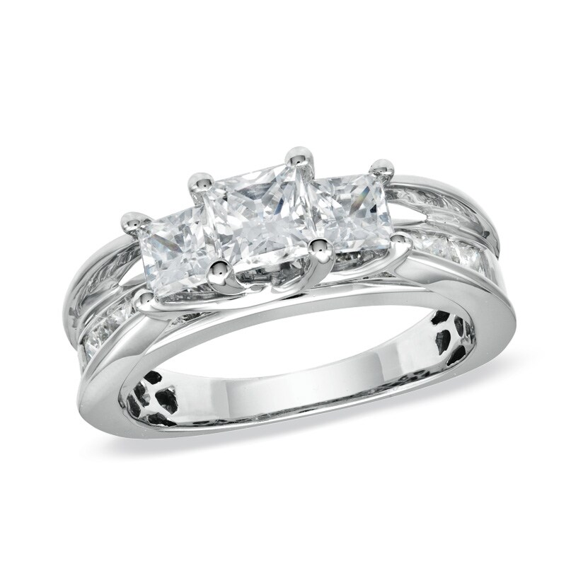 Main Image 1 of Previously Owned - 3 CT. T.W. Square-Cut Diamond Three Stone Bridge Ring in 14K White Gold