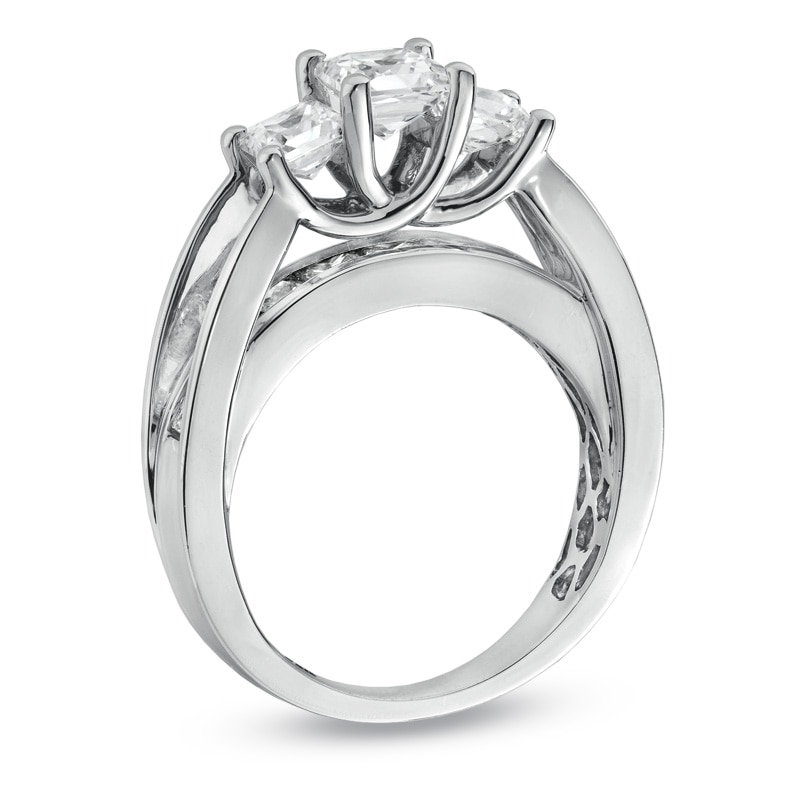 Main Image 2 of Previously Owned - 3 CT. T.W. Square-Cut Diamond Three Stone Bridge Ring in 14K White Gold