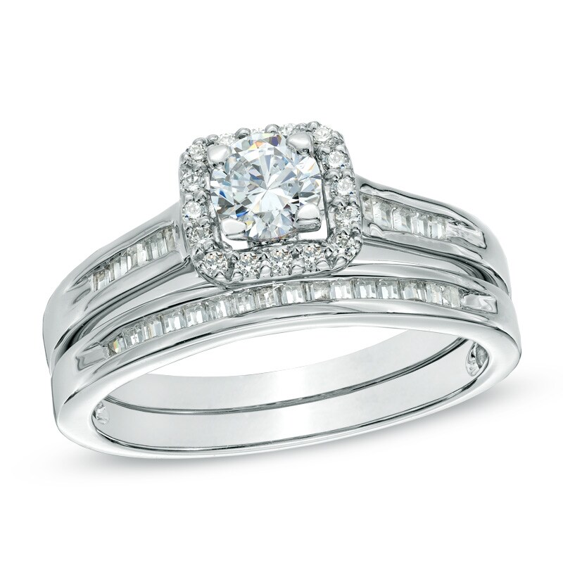 Main Image 1 of Previously Owned - 1/2 CT. T.W. Diamond Princess-Shaped Frame Bridal Set in 10K White Gold