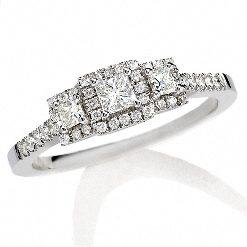 Main Image 1 of Previously Owned - 1/2 CT. T.W. Princess-Cut Diamond Past Present Future® Framed Ring in 14K White Gold