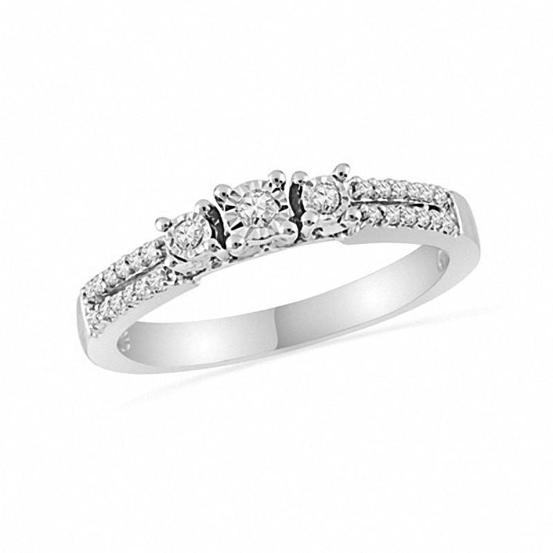 Main Image 1 of Previously Owned - 1/7 CT. T.W. Diamond Three Stone Double Row Ring in 10K White Gold