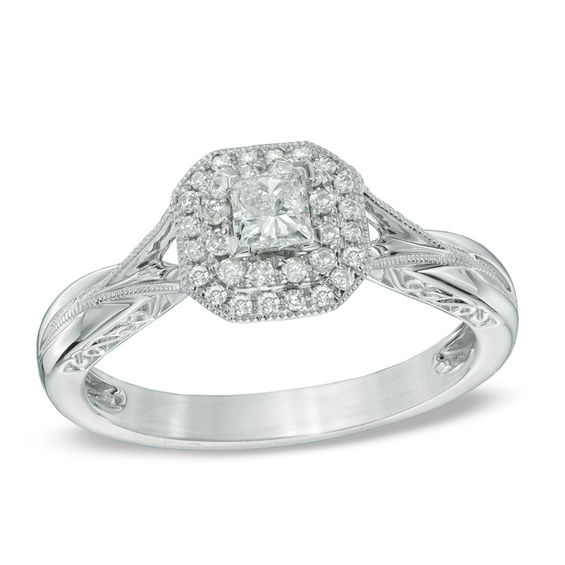 Previously Owned - 1/3 CT. T.w. Princess-Cut Diamond Frame Vintage-Style Engagement Ring in 10K White Gold