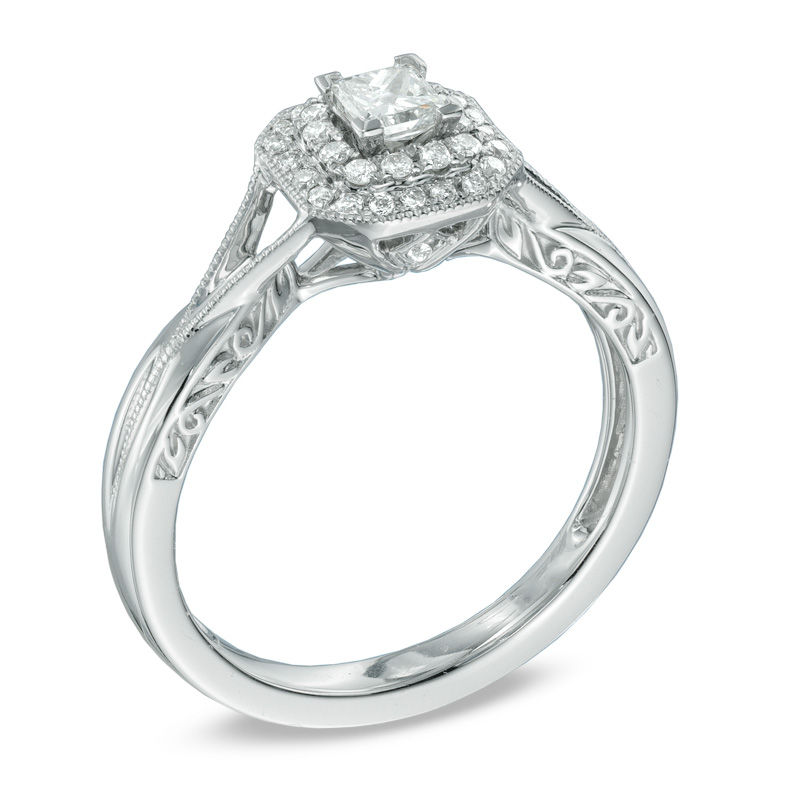 Main Image 2 of Previously Owned - 1/3 CT. T.W. Princess-Cut Diamond Frame Vintage-Style Engagement Ring in 10K White Gold