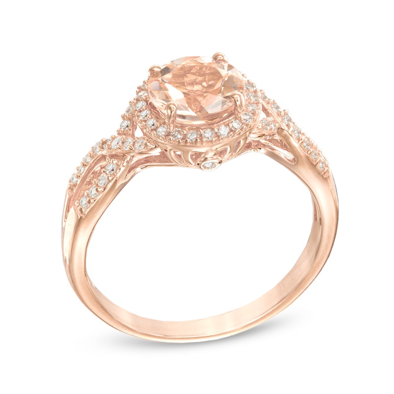 Main Image 2 of Previously Owned - 7.0mm Morganite and 1/6 CT. T.W. Diamond Frame Twist Ring in 10K Rose Gold