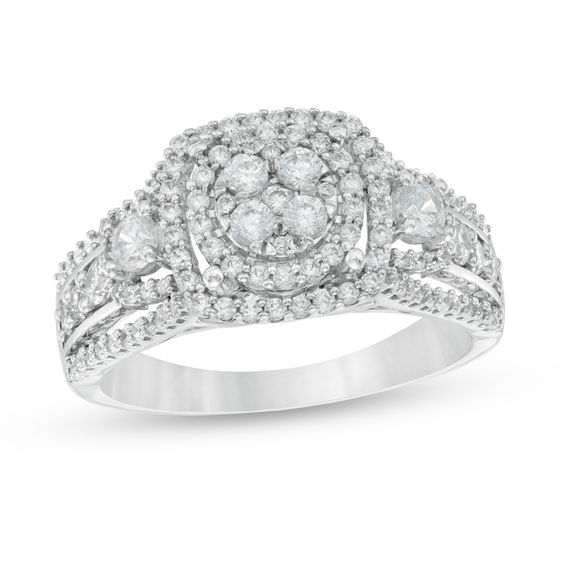 Previously Owned - 1 CT. T.w. Diamond Cluster Three Stone Style Ring in 10K White Gold