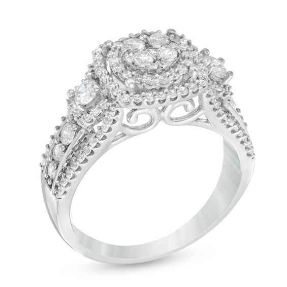 Previously Owned - 1 CT. T.w. Diamond Cluster Three Stone Style Ring in 10K White Gold