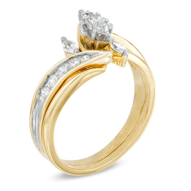 Main Image 2 of Previously Owned - 1/2 CT. T.W. Marquise Diamond Three Stone Slant Bridal Set in 10K Gold