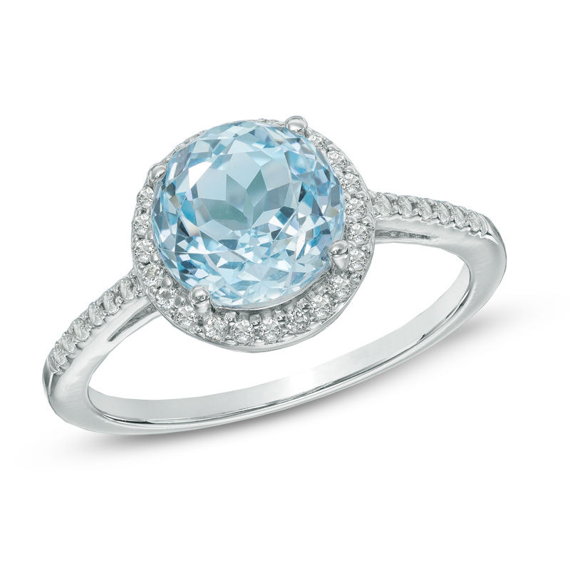 Main Image 1 of Previously Owned - 8.0mm Sky Blue and White Topaz Frame Ring in Sterling Silver