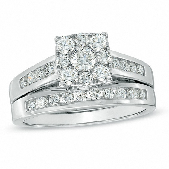Previously Owned - 1 CT. T.w. Diamond Square Cluster Bridal Set in 14K White Gold