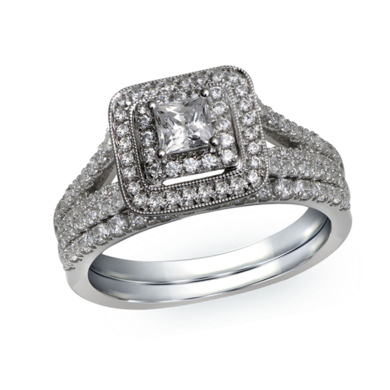 Main Image 1 of Previously Owned - 1-1/4 CT. T.W. Princess-Cut Diamond Double Frame Bridal Set in 14K White Gold