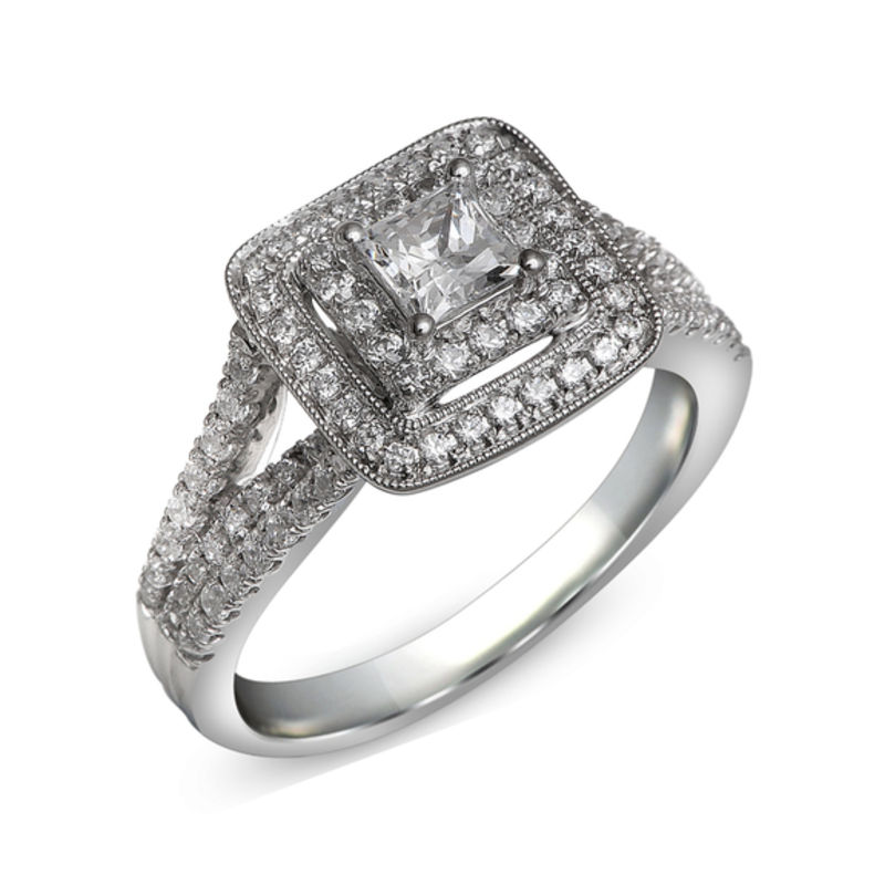 Main Image 2 of Previously Owned - 1-1/4 CT. T.W. Princess-Cut Diamond Double Frame Bridal Set in 14K White Gold