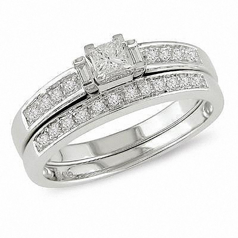 Main Image 1 of Previously Owned - 1/3 CT. T.W. Princess-Cut Diamond Three Stone Bridal Set in 10K White Gold