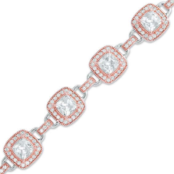 Previously Owned - 5.5mm Cushion-Cut Lab-Created White Sapphire Bracelet in Sterling Silver with 18K Rose Gold Plate - 7.25"