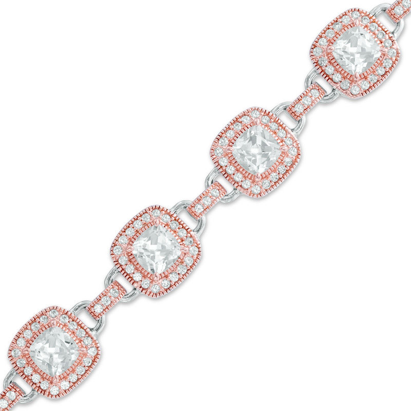 Main Image 1 of Previously Owned - 5.5mm Cushion-Cut Lab-Created White Sapphire Bracelet in Sterling Silver with 18K Rose Gold Plate - 7.25"