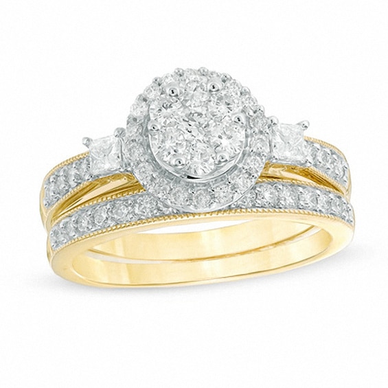 Previously Owned - 1 CT. T.w. Diamond Cluster Frame Bridal Set in 10K Gold