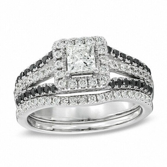 Previously Owned - 1 CT. T.w. Enhanced Black and White Diamond Square Frame Bridal Set in 14K White Gold