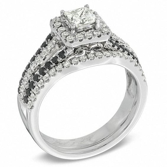 Previously Owned - 1 CT. T.w. Enhanced Black and White Diamond Square Frame Bridal Set in 14K White Gold