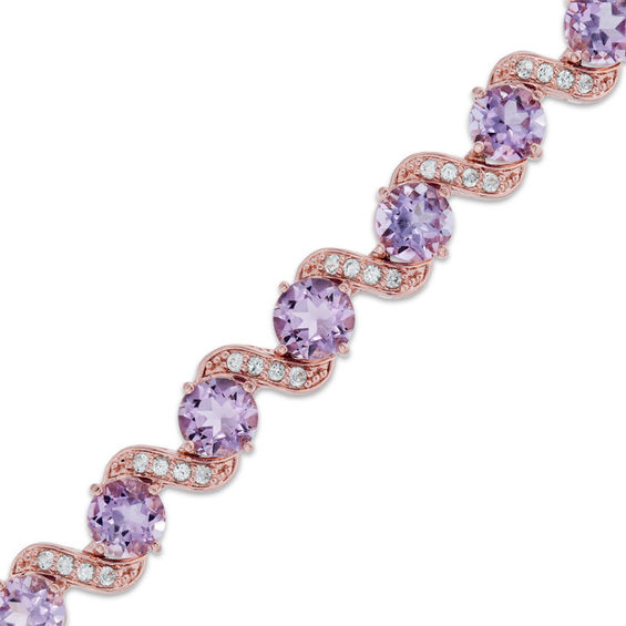 Previously Owned - 6.0mm Rose de France Amethyst and Lab-Created White Sapphire Bracelet in Sterling Silver with 18K Rose Gold Plate - 7.5"