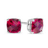 Thumbnail Image 1 of Previously Owned - 6.0mm Cushion-Cut Lab-Created Checkerboard Ruby Solitaire Stud Earrings in 10K White Gold