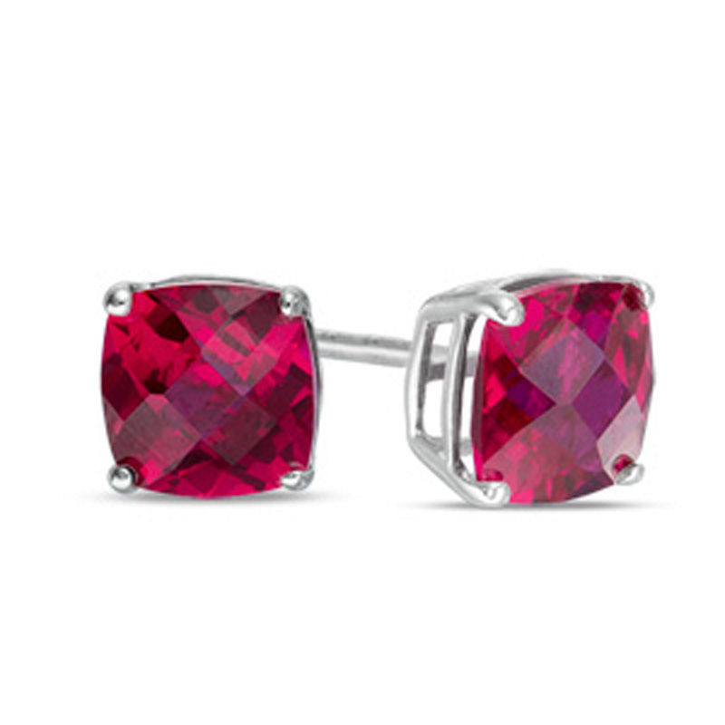 Main Image 1 of Previously Owned - 6.0mm Cushion-Cut Lab-Created Checkerboard Ruby Solitaire Stud Earrings in 10K White Gold
