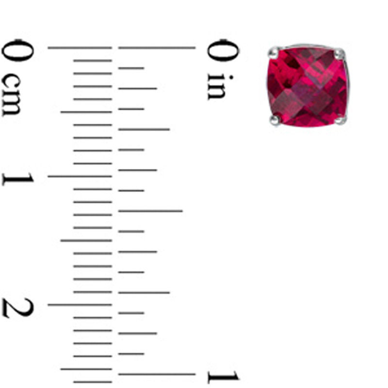 Main Image 2 of Previously Owned - 6.0mm Cushion-Cut Lab-Created Checkerboard Ruby Solitaire Stud Earrings in 10K White Gold