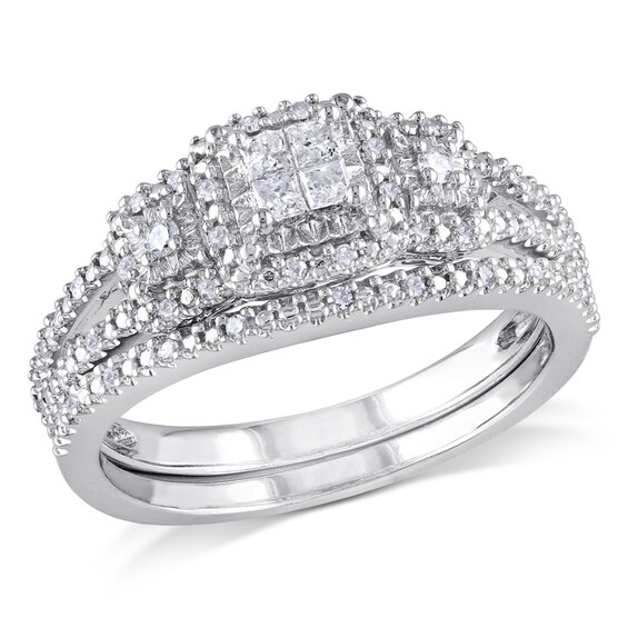 Previously Owned - 1/4 CT. T.w. Quad Princess-Cut Diamond Frame Bridal Set in Sterling Silver