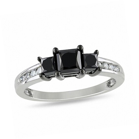 Previously Owned - 1-1/2 CT. T.w. Princess-Cut Enhanced Black and White Diamond Three Stone Ring in 10K White Gold