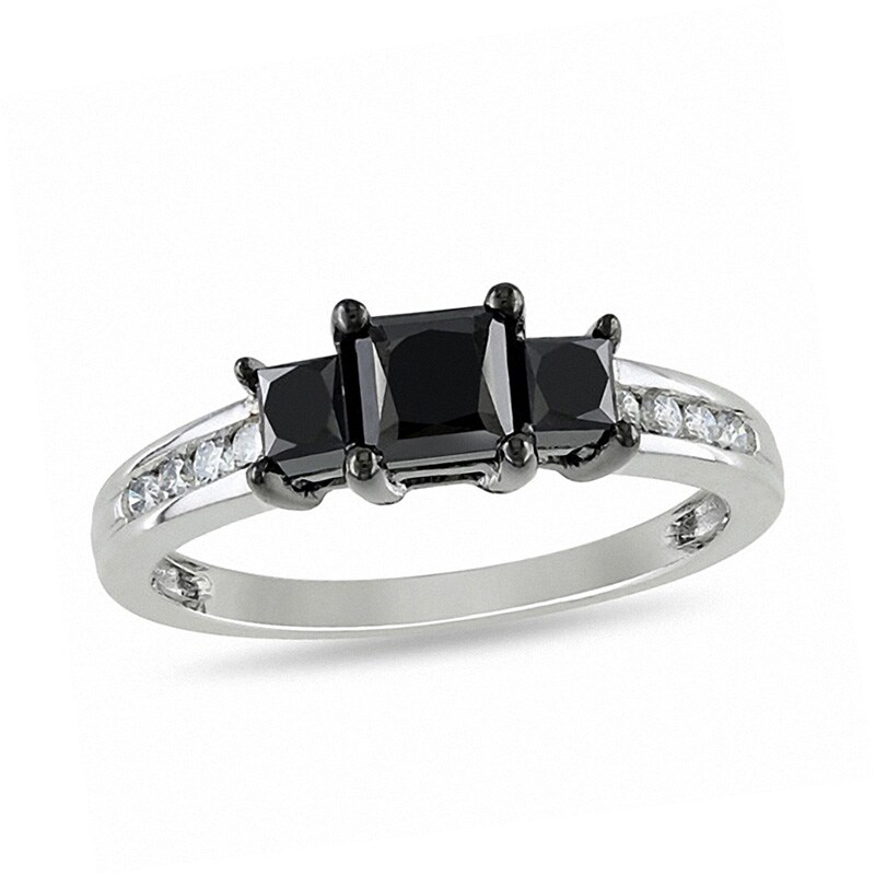 Main Image 1 of Previously Owned - 1-1/2 CT. T.W. Princess-Cut Enhanced Black and White Diamond Three Stone Ring in 10K White Gold