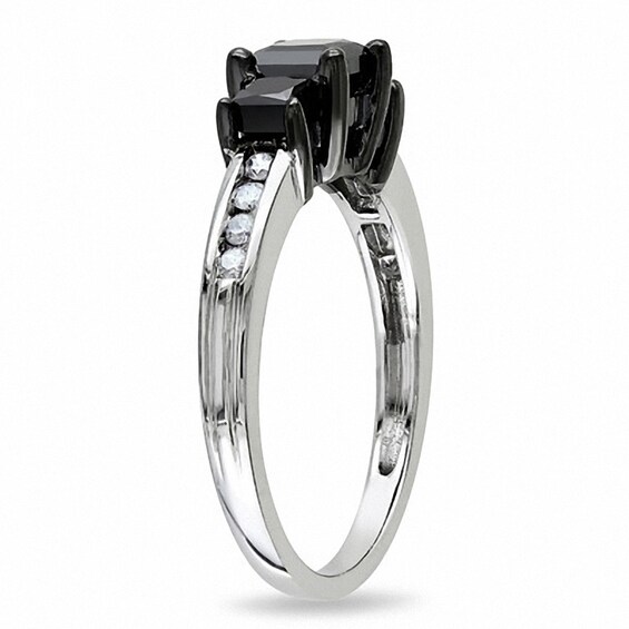 Previously Owned - 1-1/2 CT. T.w. Princess-Cut Enhanced Black and White Diamond Three Stone Ring in 10K White Gold