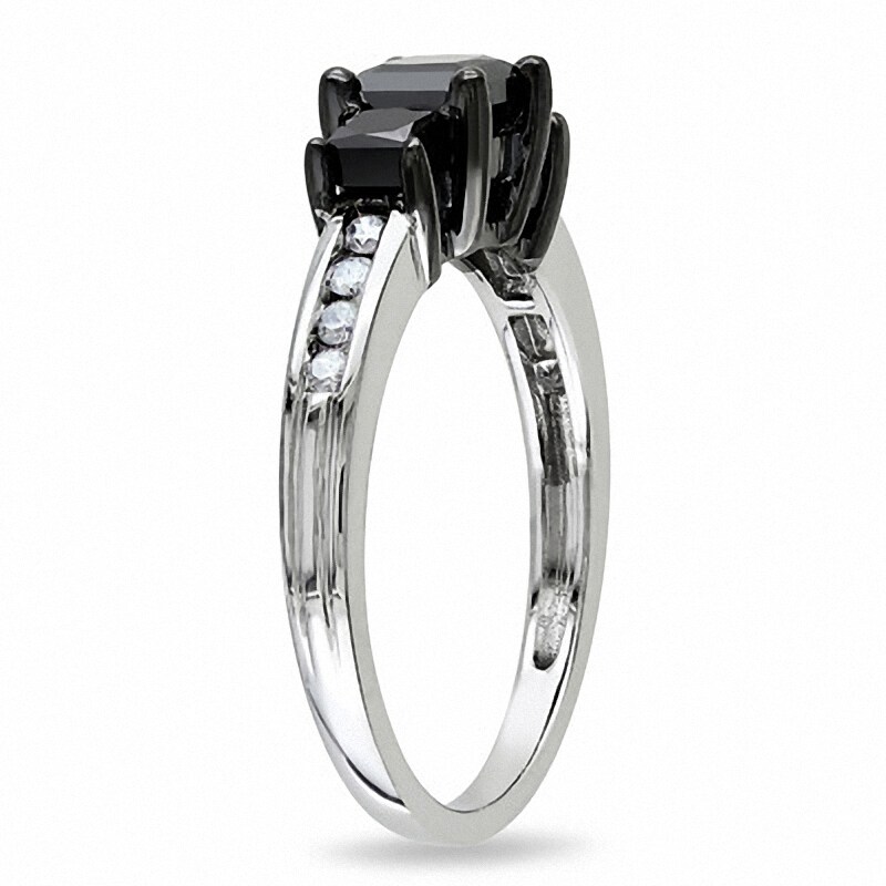 Main Image 2 of Previously Owned - 1-1/2 CT. T.W. Princess-Cut Enhanced Black and White Diamond Three Stone Ring in 10K White Gold