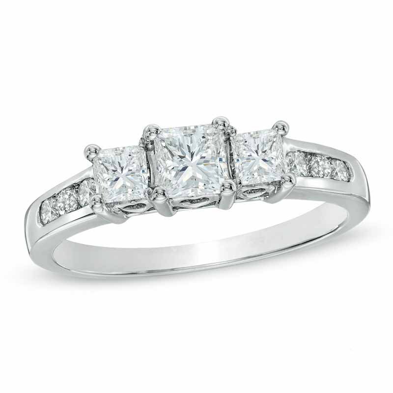 Main Image 1 of Previously Owned - 1 CT. T.W. Princess-Cut Diamond Three Stone Past Present Future Ring in 14K White Gold