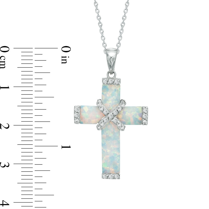 Previously Owned - Lab-Created Opal and White Sapphire Wrap Cross Pendant in Sterling Silver