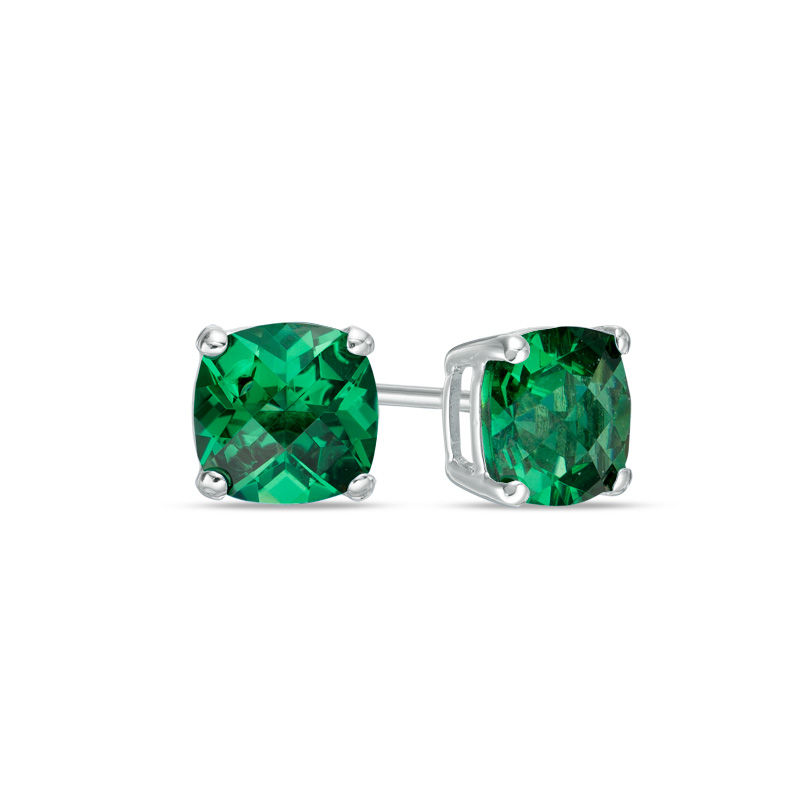 Main Image 1 of Previously Owned - 6.0mm Cushion-Cut Lab-Created Checkerboard Green Spinel Solitaire Stud Earrings in 10K White Gold