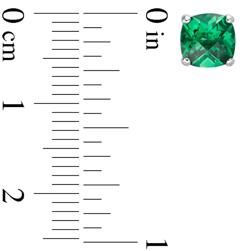 Main Image 2 of Previously Owned - 6.0mm Cushion-Cut Lab-Created Checkerboard Green Spinel Solitaire Stud Earrings in 10K White Gold