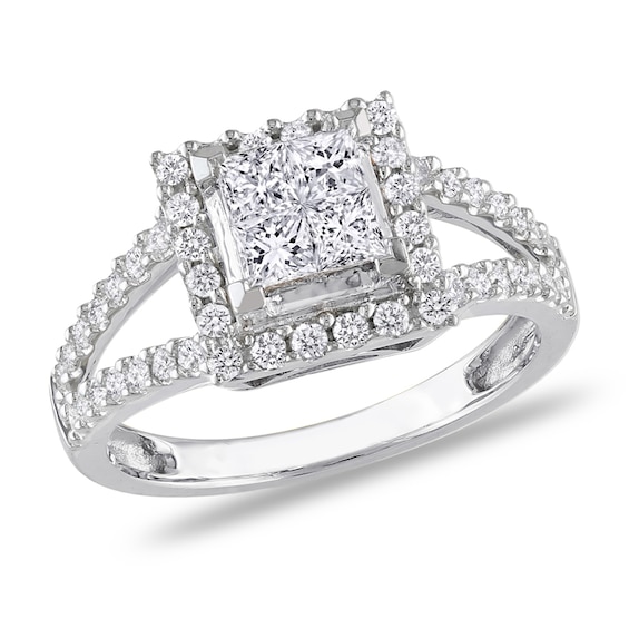 Previously Owned - 1 CT. T.w. Quad Princess-Cut Diamond Frame Ring in 14K White Gold