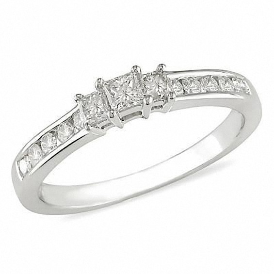 Previously Owned - 1/2 CT. T.w. Princess-Cut Diamond Three Stone Engagement Ring in 10K White Gold