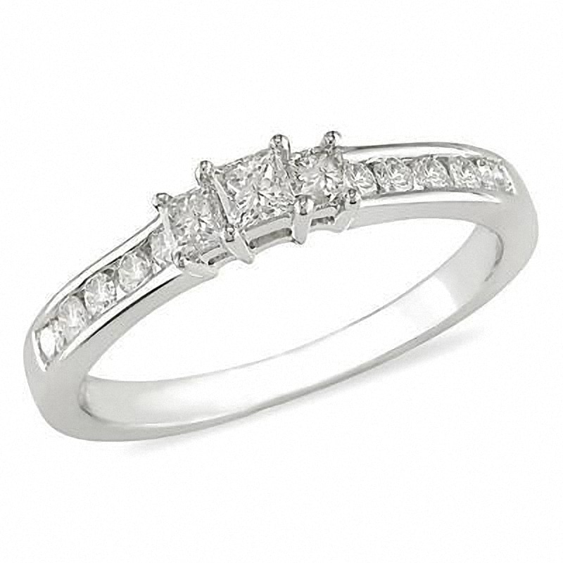 Main Image 1 of Previously Owned - 1/2 CT. T.W. Princess-Cut Diamond Three Stone Engagement Ring in 10K White Gold