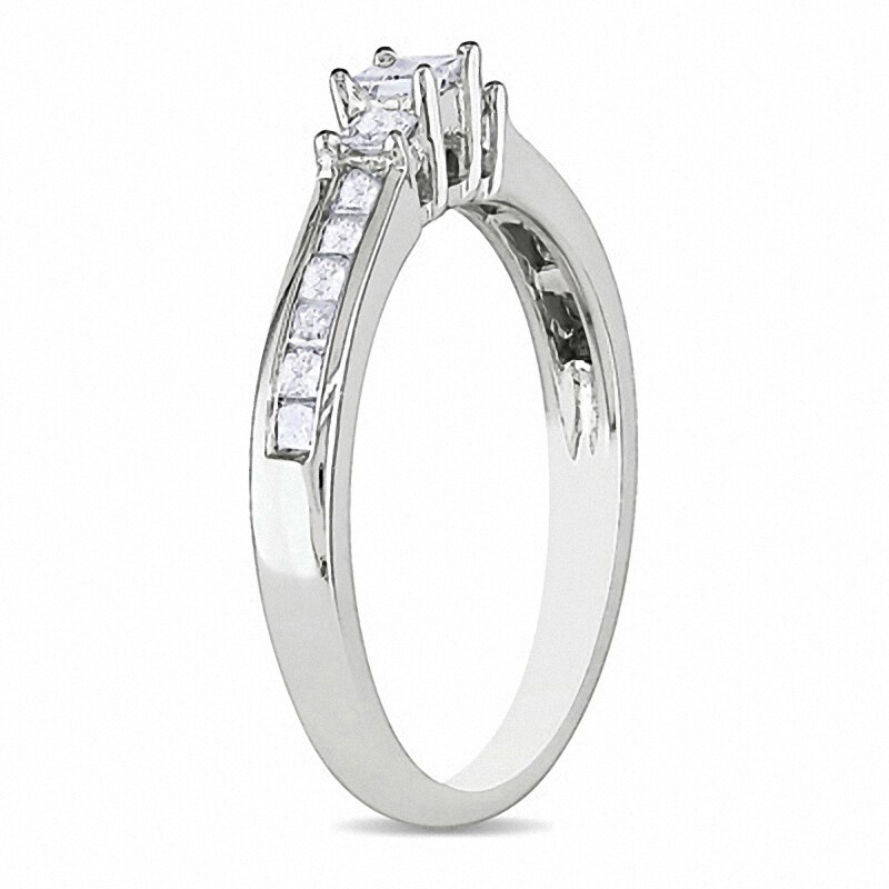 Main Image 2 of Previously Owned - 1/2 CT. T.W. Princess-Cut Diamond Three Stone Engagement Ring in 10K White Gold
