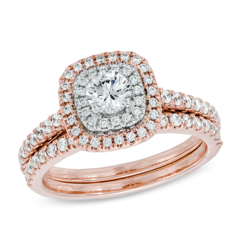 Previously Owned - 1 CT. T.W. Diamond Double Cushion Frame Bridal Set in 14K Rose Gold