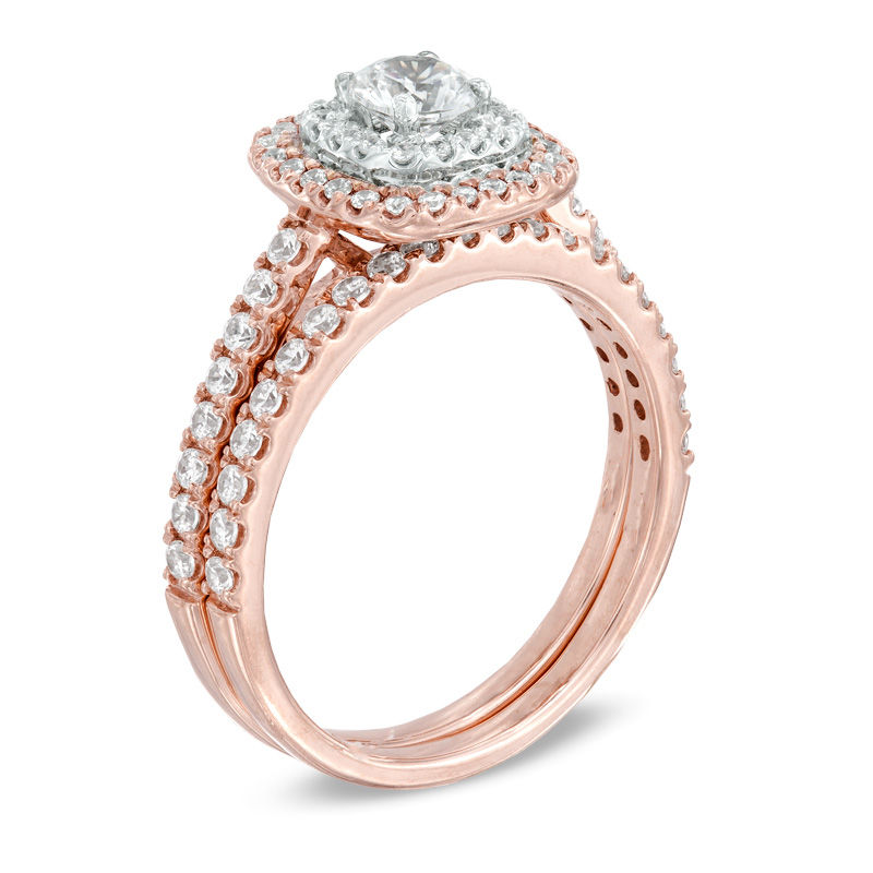 Previously Owned - 1 CT. T.W. Diamond Double Cushion Frame Bridal Set in 14K Rose Gold