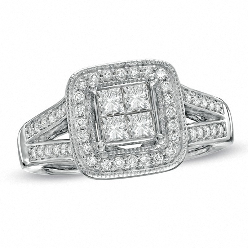 Main Image 1 of Previously Owned - 1 CT. T.W. Princess-Cut Quad Diamond Frame Split Shank Ring in 14K White Gold