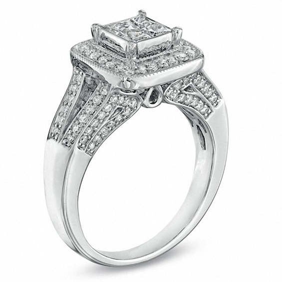 Previously Owned - 1 CT. T.w. Princess-Cut Quad Diamond Frame Split Shank Ring in 14K White Gold