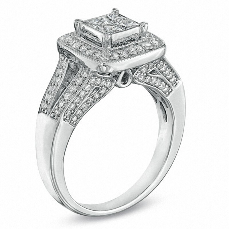 Main Image 2 of Previously Owned - 1 CT. T.W. Princess-Cut Quad Diamond Frame Split Shank Ring in 14K White Gold