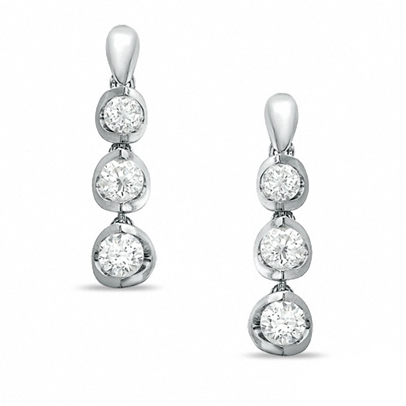 Main Image 1 of Previously Owned - 1 CT. T.W. Diamond Three Stone Drop Earrings in 14K White Gold (I/I2)