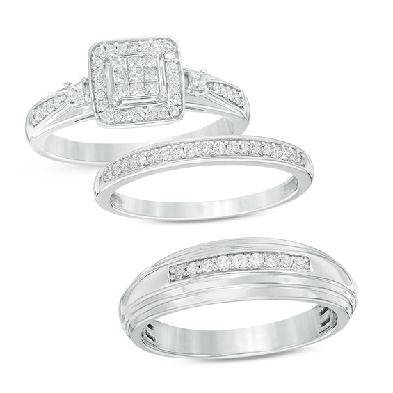 Previously Owned - 1/2 CT. T.w. Quad Frame Diamond Wedding Ensemble in 10K White Gold - Size 7 and 10