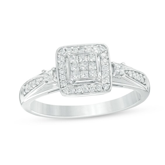 Previously Owned - 1/2 CT. T.w. Quad Frame Diamond Wedding Ensemble in 10K White Gold - Size 7 and 10